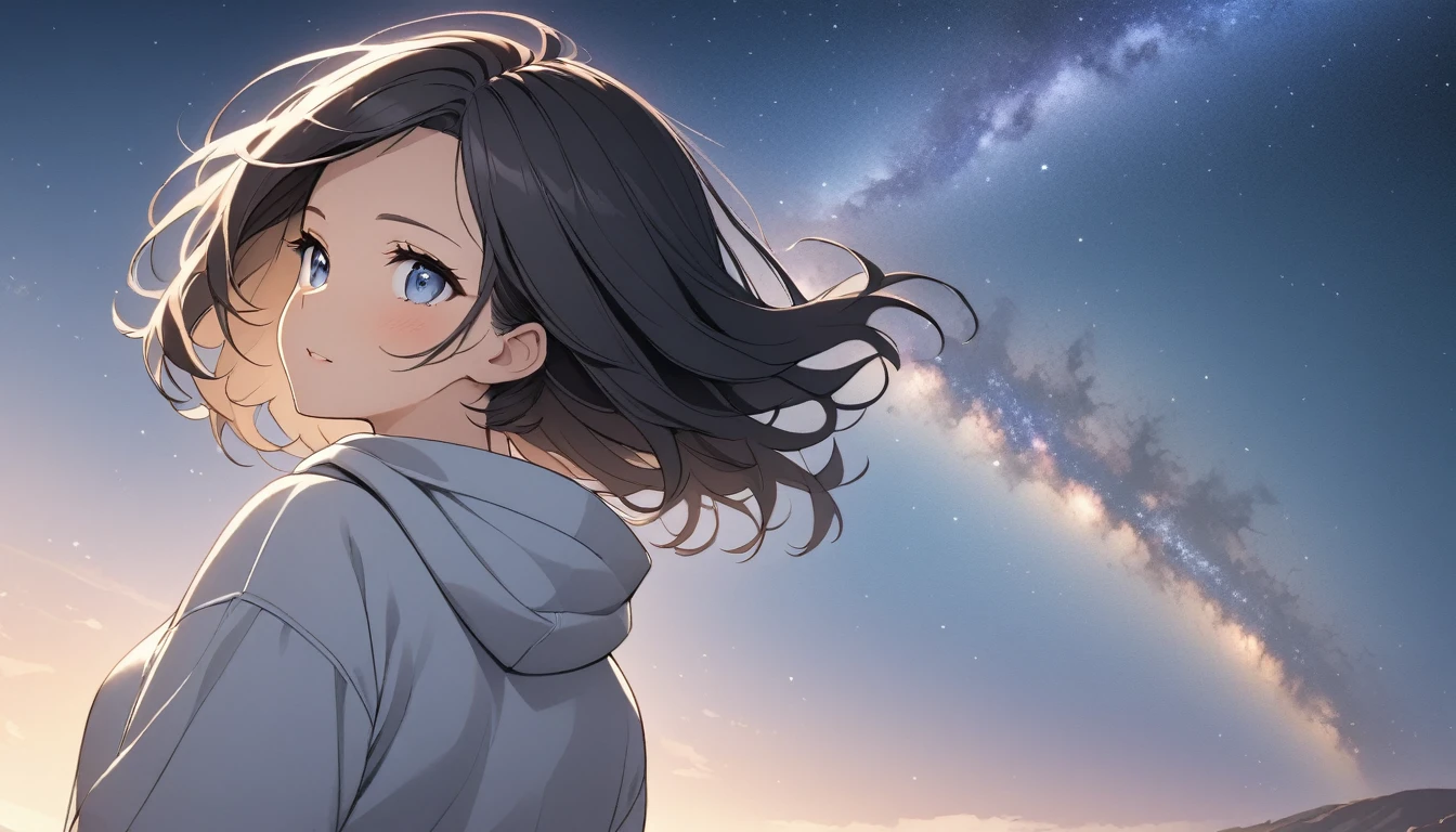 Starry Sky、milky way、One woman、Black Hair、Short Hair、Hair blowing in the wind、Expose your forehead、Blue Eyes、Wearing a hoodie、Back view、Upper Body、Low - Angle