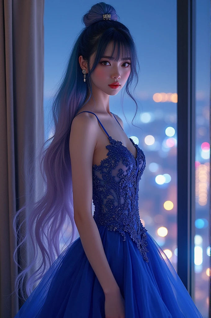 A beautiful K-pop idol girl wearing a modest, elegant, luxurious dress, facing the camera, her long blue and purple hair tied up, against the night window