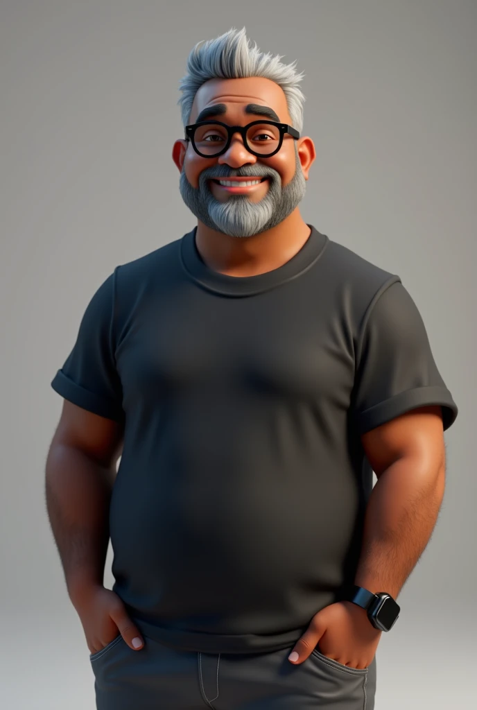 Create a stylized 3D cartoon character of a middle-aged black man with very short hair, wearing modern black glasses. The character should have a broad build but without a belly or muscular physique, and a friendly expression, but not smiling. His skin tone is dark brown with a warm undertone. The man has only two prominent vertical wrinkles on his forehead between his eyebrows. His beard is trimmed and sparse, with more white hairs on the chin and the rest being dark gray. His hair is gray, extremely short on top, styled to the right side, and shaved on the sides. The man has hairy arms and does not wear any accessories or jewelry, except for a black smartwatch. He is looking directly at the camera, not cross-eyed, and not smiling. The man is dressed in an oversized black t-shirt and dark gray pants without a belt. The character should be rendered in a stylized, animation-style, with a Pixar-like quality, using Arnold Maya render or toon Keyshot render. The rendering should be high quality, with cinematic lighting, sharp focus, detailed textures, detailed skin, clay-like finish, and bokeh effects in 8K resolution.