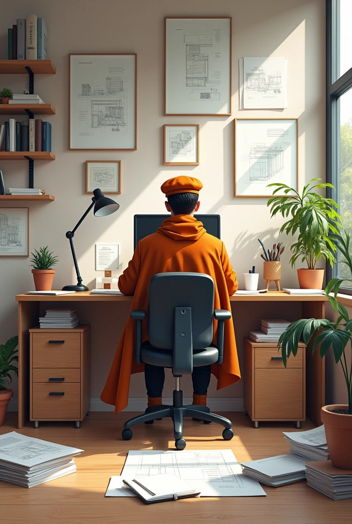 Create a drawing of a black curtain, stylish in orange cap, at about 26 years old, with overcoat, scarf in an architecture office . Sitting in front of a computer