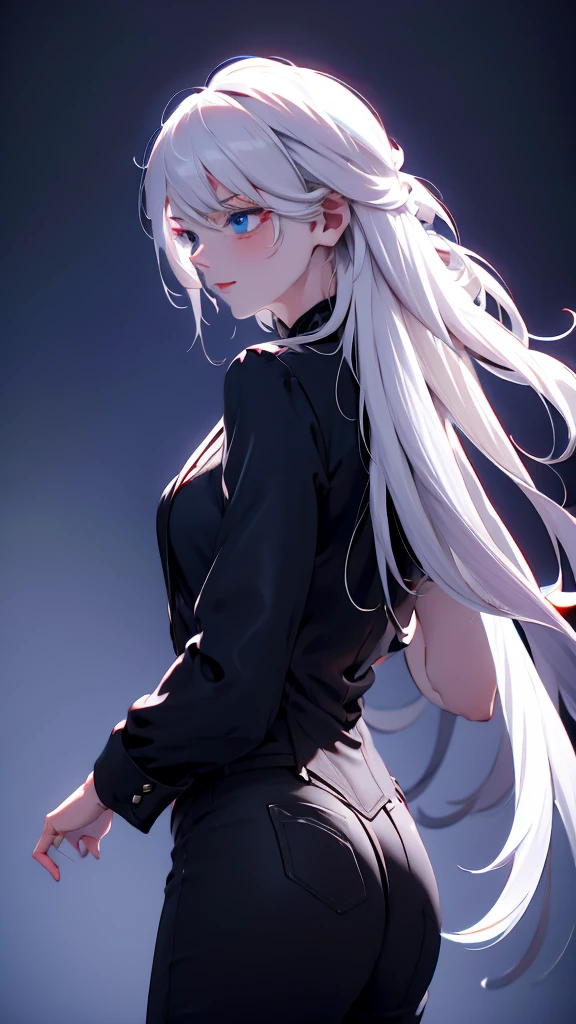 1 Girl, medium light white hair, light blue eyes, wearing Black Suit 4D , night club TOWN , high res, ultrasharp, 8K, masterpiece, looking from behind