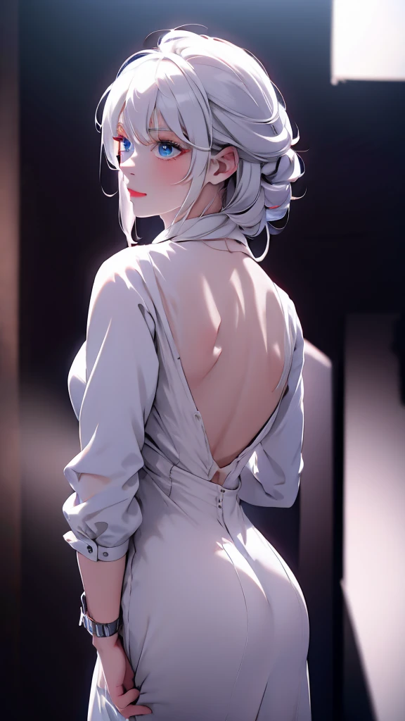 (Image from chest up:1.4)((masterpiece:1.5,Highest quality,Beautiful images、2.5D、Abstract、Artistic、Portraiture))(One girl, solo)(medium breasts, Gray Hair、Bob Hair、Beautiful breasts, Expose your shoulders)(横顔のPortraiture,Glancing sideways、Look at an angle、shake your head、Sad look, I'm bored、Floating Hair)(モノトーンのArtisticな背景)((from backside:1.5))
