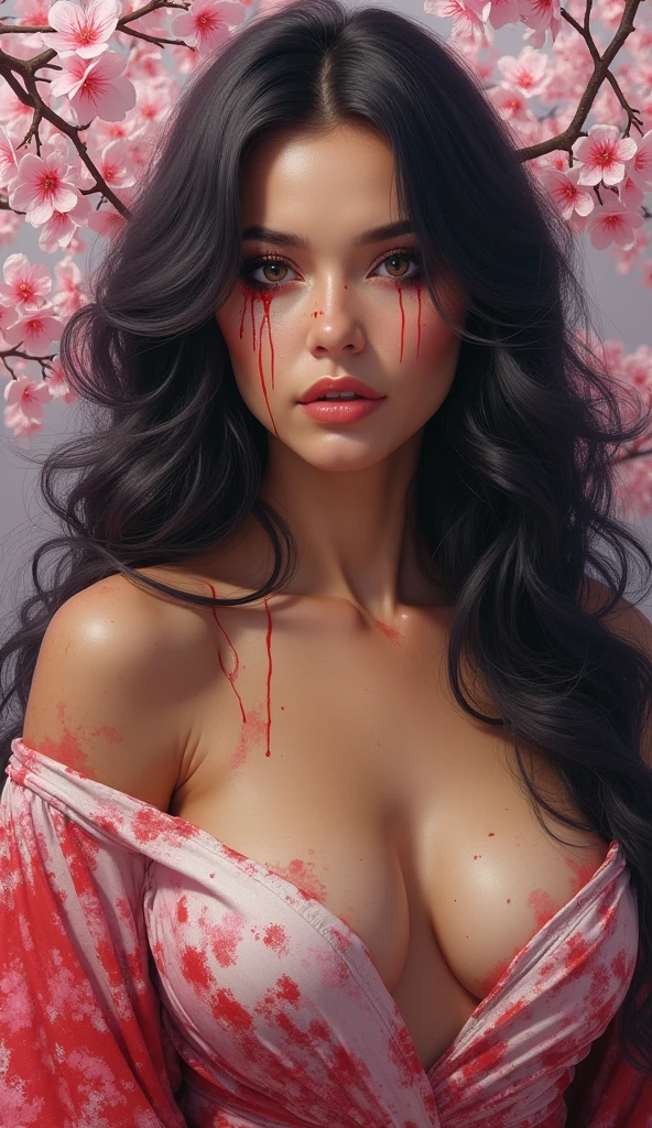 shukezouma, octane render, hdr, (hyperdetailed:1.15), (soft light, sharp:1.2), 1girl, beautiful girl, ultra detailed eyes, mature, plump, dark skin, tanned, thick, tan, painting drops, paint teardrops, woman made up from paint, entirely paint, splat, splash, long colored hair, kimono made from paint, ultra detailed texture kimono, paint kimono, paint bulb, exposed cleavage, sexy, paint drops, outdoors, exposed shoulders, sakura trees, tears, sexy, shoulders visible, thighs exposed, semi ?????, focus on face, beautiful face, eye shadow, dark eye outline, Russian face, Russian girl, mascara, beautiful, tanned skin, tanned, dark skin, tan, 18 year old, tanned body