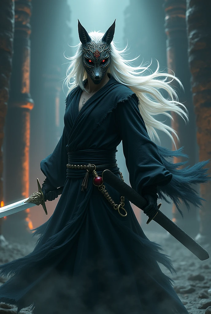 Red eyes, white hair, fox mask, swordsman