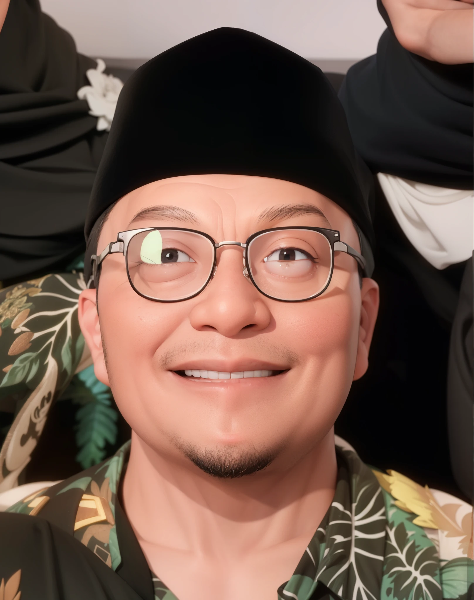 A man wearing a black Indonesian Muslim cap, Wearing glasses, smiling, beautiful hair, 3D render, 3D Cartoon, big head, cartoonish look, high resolution, super detail, soft lighting