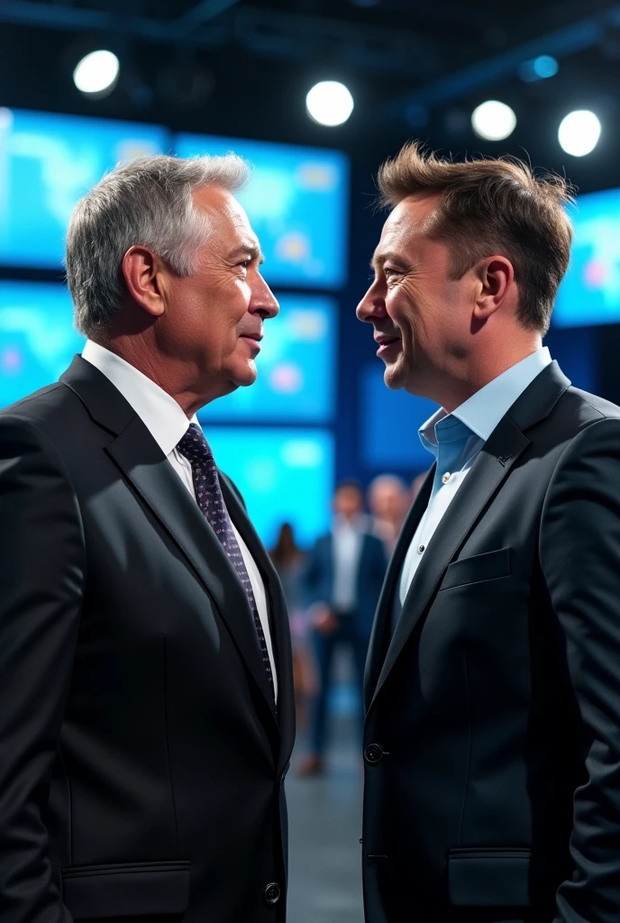 Imagine a character with the appearance of a mature politician, with gray hair and a formal suit, taking on Elon Musk, who is dressed in casual clothes and has his signature style. The scene could be in an environment that combines a technological background with elements of debate or confrontation., as a conference stage with modern screens and equipment. The mature politician could be showing a serious and determined expression, while Musk may be taking a relaxed but firm stance, depicting a lively discussion between two high-profile personalities.