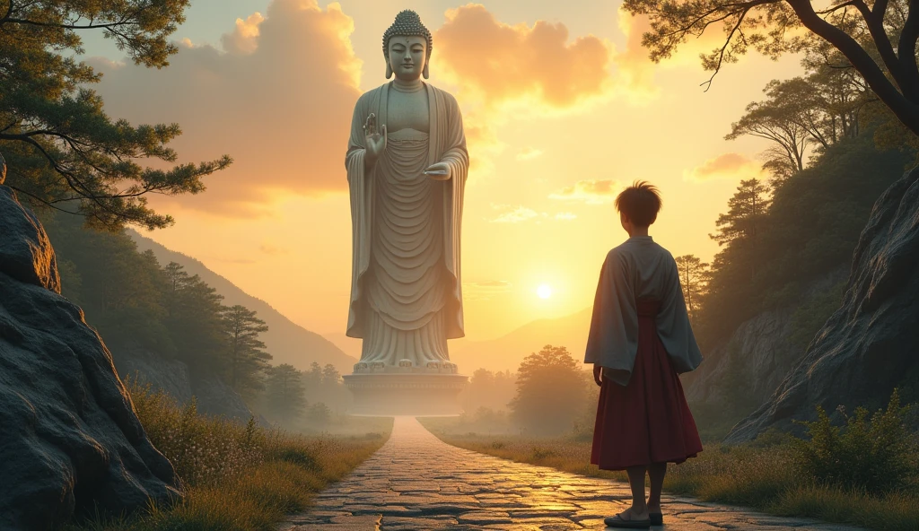 A huge Buddha statue seen in the distance, A young Japanese pilgrim is looking at a Buddha statue,stone, texture, expensive, Majestic, The background is illuminated by sunlight.，Inverted Image，side，Pilgrims&#39; Path