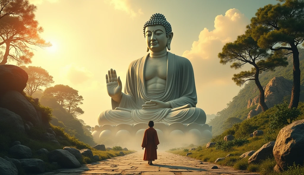 A huge Buddha statue seen in the distance, A young Japanese pilgrim is looking at a Buddha statue,stone, texture, expensive, Majestic, The background is illuminated by sunlight.,Inverted Image,side,Pilgrims' Path