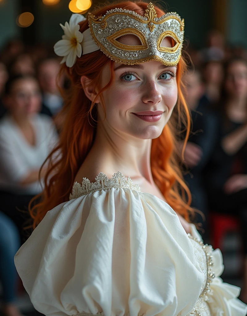 photograph, young woman, beautiful red hair, blue eyes, freckles, smiling, she is wearing a white Victorian dress and a mask similar to the Venice carnival, she is parading in a modeling event, she is walking with the suit and the mask, posing for the people sitting around and for the camera.