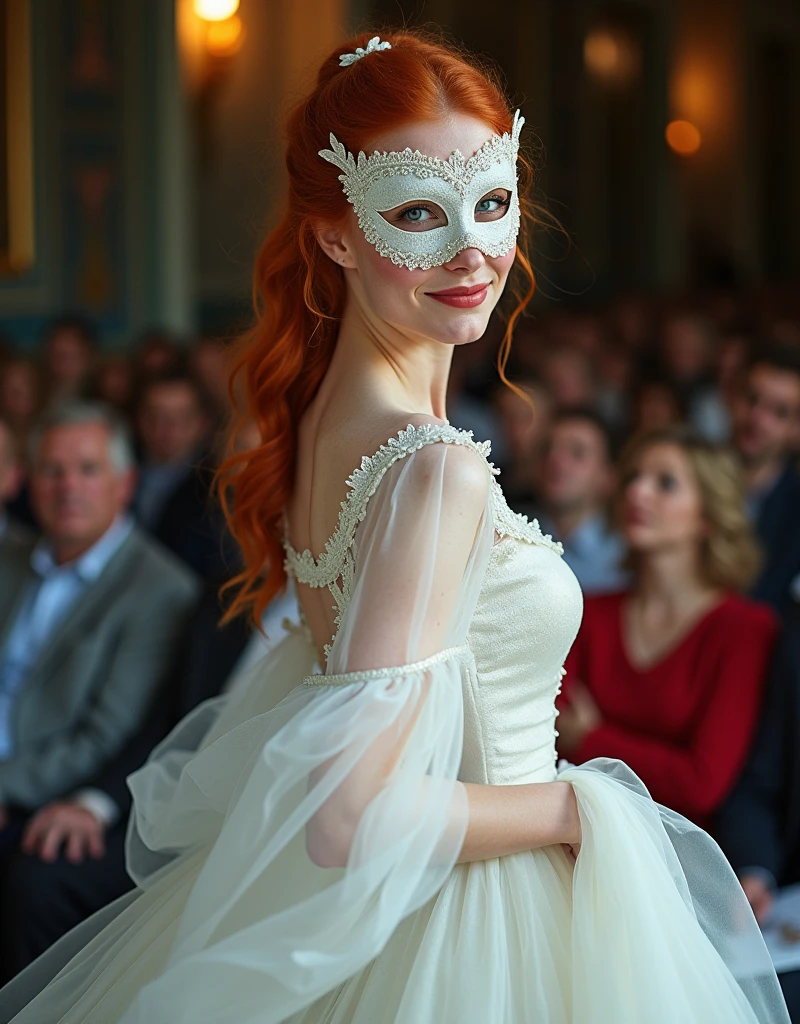photograph, young woman, beautiful red hair, blue eyes, freckles, smiling, she is wearing a white Victorian dress and a mask similar to the Venice carnival, she is parading in a modeling event, she is walking with the suit and the mask, posing for the people sitting around and for the camera.