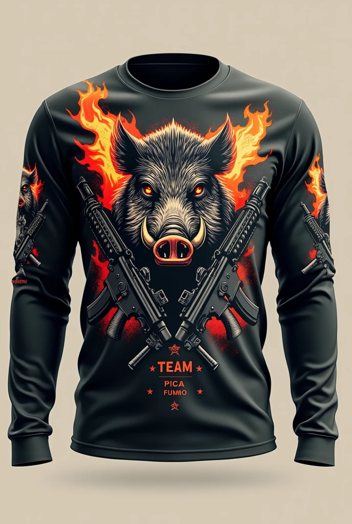 CREATE A MILITARY STYLE LONG SLEEVE T-SHIRT WITH LOGO "TEAM PICA FUMO AND A DEMON BOAR , RIFLES 556 , SHOOTING HOLES  , PRINTED ON T-SHIRT








