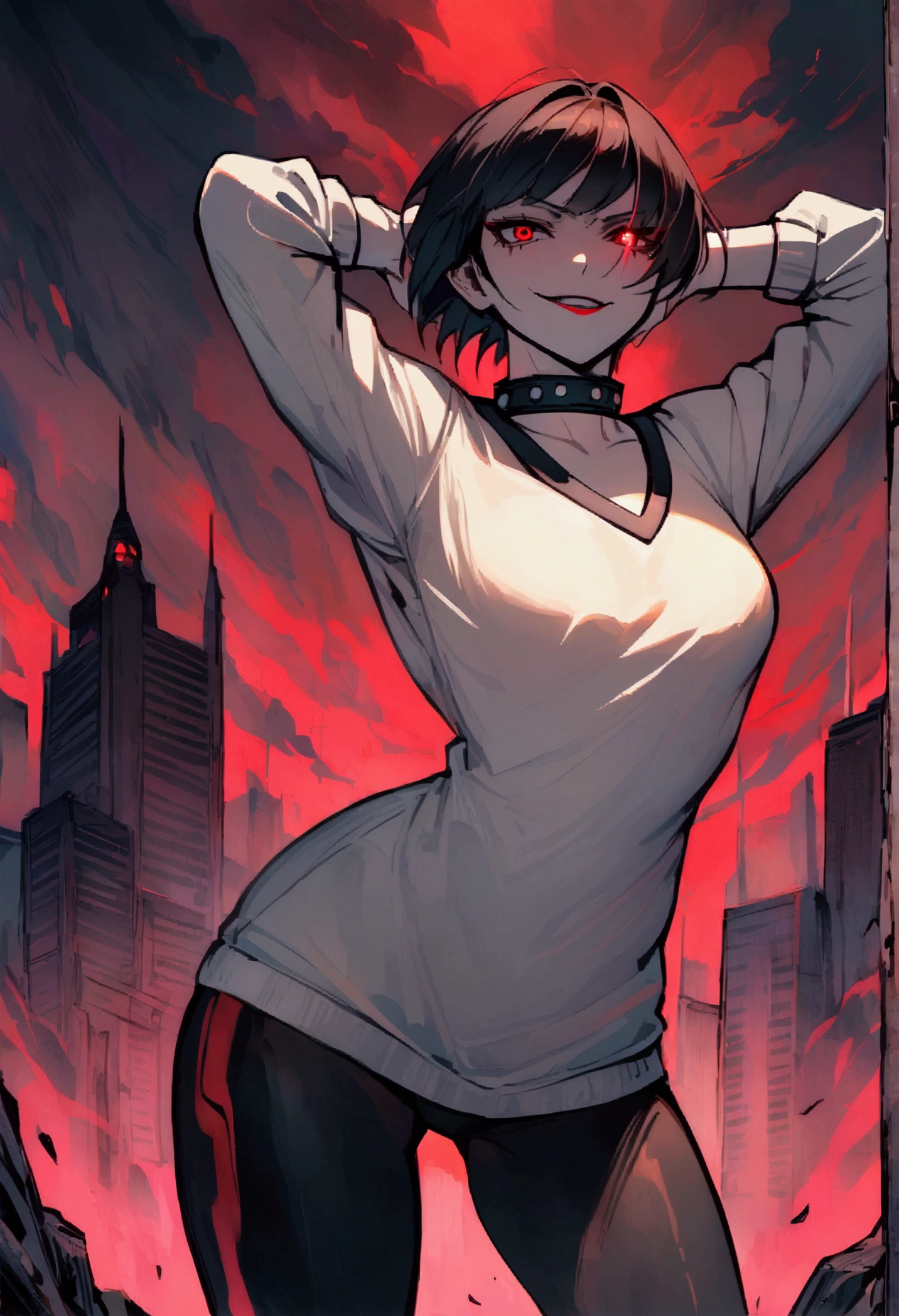 standing,alone,short hair,work of art,face detailed,young fitness linda,Wearing black pantyhose,tight white sweater with collar ,neckleace,evil smile,red eyes glowing,labiaa,eye shadow,bangs on the eyes,Hands behind the head ,background city