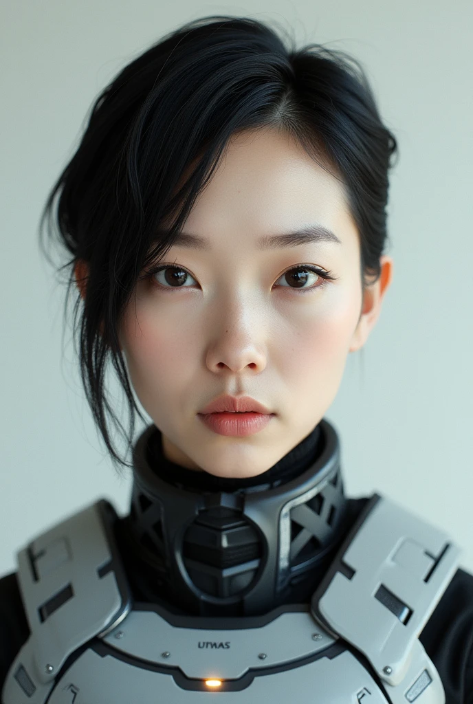 Japanese woman, 40 years old, asymmetrical undercut, streight face showing no emotion, thin lips, looking into camera, sci-fi armor, standing streight, frontal view, highly detailed face, high resolution, no make-up, photorealistic