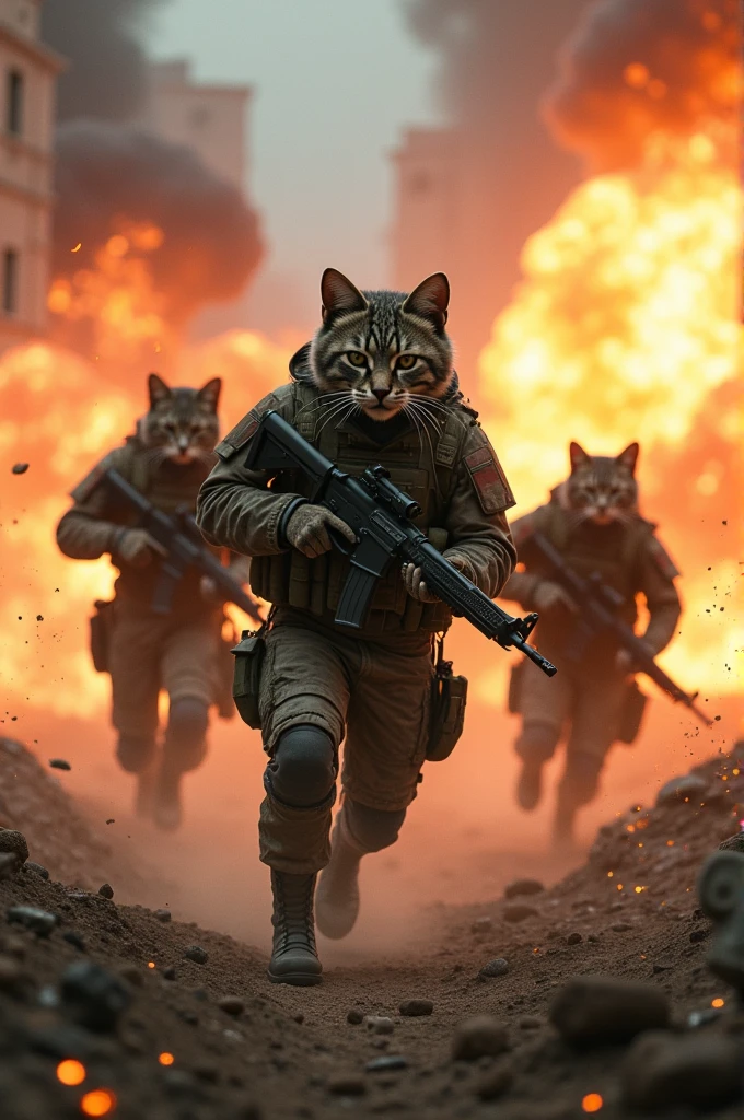 In an epic panoramic shot, gray cat lifelike bodies, special forces soldiers run through a series of explosions that shake the terrain around them.
The explosion occurred violently, causing debris and fireballs to soar into the sky. The ground shook with each explosion, raising clouds of dust and smoke that enveloped the human-like cat warriors in an aura of danger and chaos.
The human-like cat warriors quickly maneuvered, skillfully dodging the explosions as they moved towards their goal. Their faces, determined and focused, reflect the intensity of the situation, while their precise movements show training and expertise.
The scene is full of action and adrenaline. The lighting is interrupted by bursts of explosions, casting dynamic, contrasting shadows on the soldiers in motion, creating a striking visual image that pulses with energy