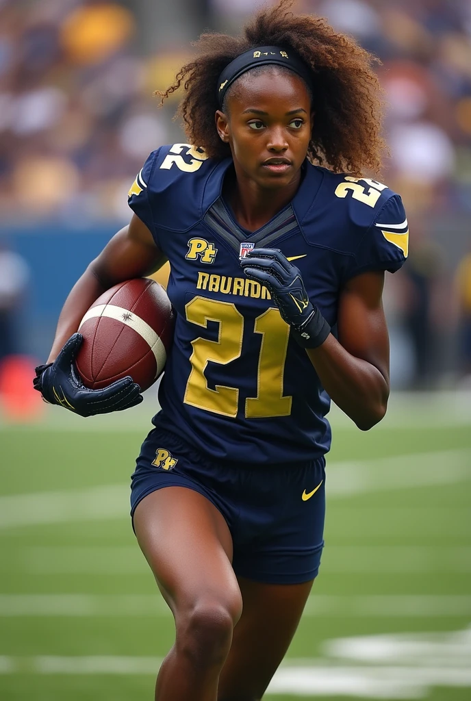 A photo of Sophia Evans, a running back for the female Pitt Panthers football team. Number 21. Surprisingly for a football player
