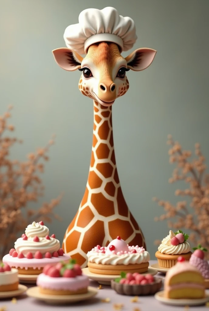 Create a giraffe with a baking hat, with some hyperrealistic cakes in front