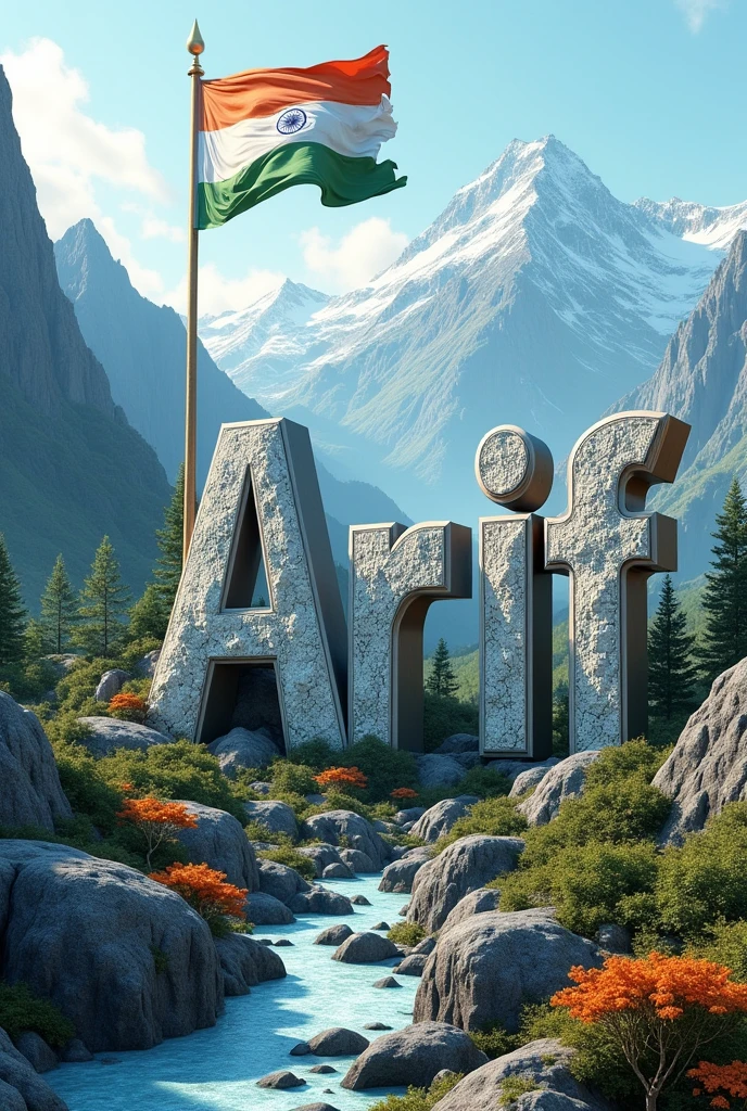 3d Arif calligraphy in the mountains with Indian flag