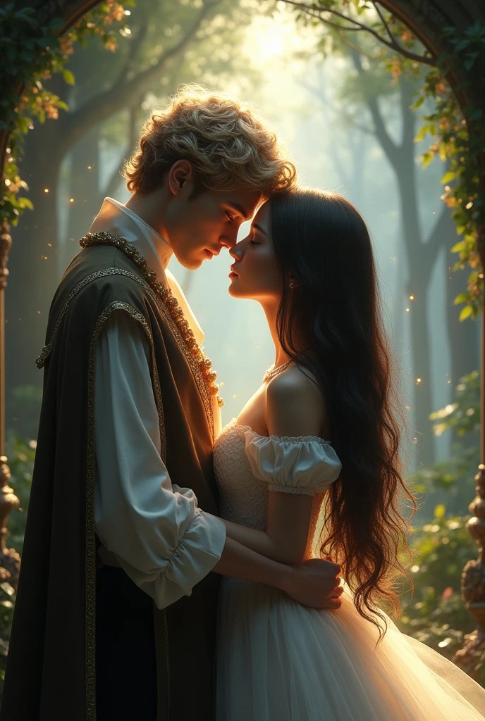 Couple kisses with great affection, Neels Visser is a prince who has golden blonde hair, wears a medieval military outfit and is in love with the commoner Lily Collins, who has curly brown black hair and wears a red dress, illustration of a romance book cover with a detailed, smooth, bright background full of ivy-covered flowers and red roses, ornate dress standing on a bed of roses, rim light, dynamic lighting, ethereal lighting, ultra detail, concept art, elegant, surreal, art by Lisa Aisato, Greg Hildebrandt, Citemer Liu, Stjepan Sejic, Samyang, Aykut Aydogdu, Justin Gerard, Alphonse Mucha, Artgerm, WLOP and Greg Rutkowski
