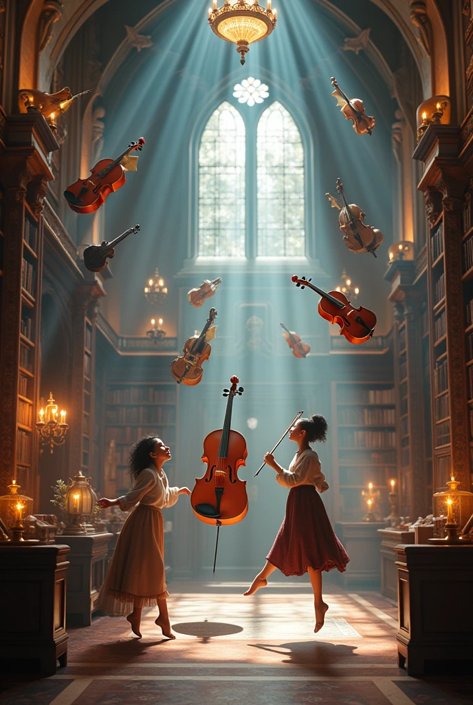Magical musical instruments magically floating and playing in a magical library