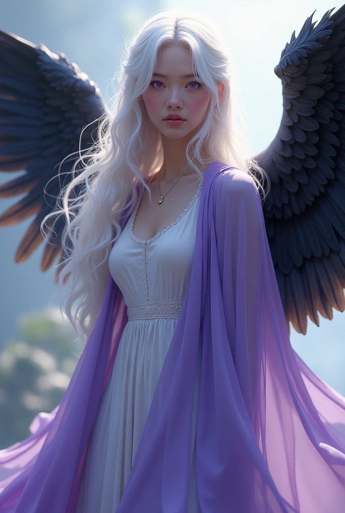 A 20-year-old girl with white hair and purple eyes and wearing a long dress with a white shirt with a long purple Marga with black wings with a positive personality