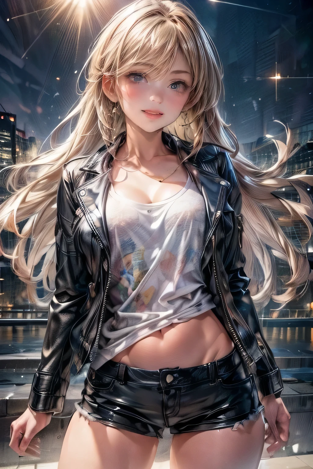 cute girl wearing black leather jacket, 1girl, solo, jacket, long hair, shorts, looking at viewer, navel, smile, breasts, outdoors, shirt, short shorts, white shirt, open jacket, open clothes, open mouth, night, cowboy shot, black jacket, black shorts, blush, collarbone, blonde hair, thighs, cleavage, leather, leather jacket, sky
