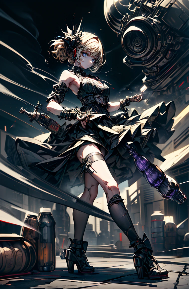 super high quality、8K quality、High resolution、Image quality captured with a single-lens reflex camera、(software)、Perfect Anatomy、(1. The theme is Gothic punk girl holding a barrel of alcohol）Beautiful blonde  girl.Orange eyes、(Good shape、Normal chest、Cleavage)、(Black mechanical parts for arms and legs、3D, Realistic mechanical parts)(Mechanical parts wings on the back)((Bottles of liquor:1.5))break、（Perfect Anatomy:1.4）break(Rear view、Recall、avert your eyes:1.3)Petals flutter(Smoke rising from the battlefield、Twilight:1.5) 