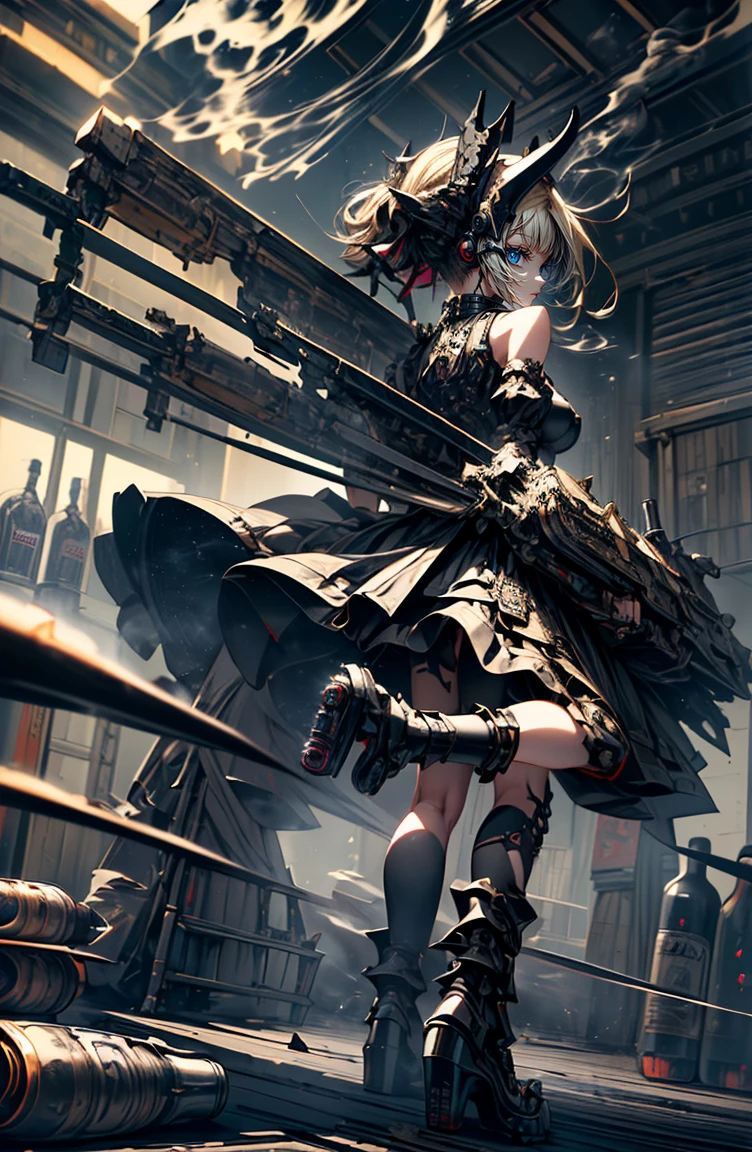 super high quality、8K quality、High resolution、Image quality captured with a single-lens reflex camera、(software)、Perfect Anatomy、(1. The theme is Gothic punk girl holding a barrel of alcohol)Beautiful blonde 15 year old girl.Orange eyes、(Good shape、Normal chest、Cleavage)、(Black mechanical parts for arms and legs、3D, Realistic mechanical parts)(Mechanical parts wings on the back)((Bottles of liquor:1.5))break、(Perfect Anatomy:1.4)break(Rear view、Recall、avert your eyes:1.3)Petals flutter(Smoke rising from the battlefield、Twilight:1.5)