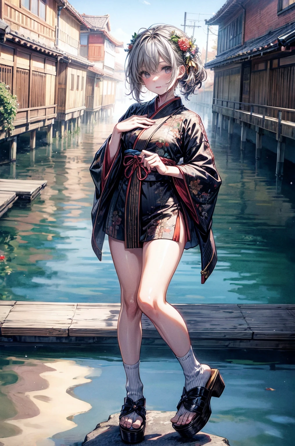 extremely detailed CG unity 8k wallpaper, realistic, hand by Guido Daniele, wearing kimono_clothes, wooden bridge, sakuramon, wreath,lace-trimmed kimono, stone brick road, wet road, clogs, two toe socks