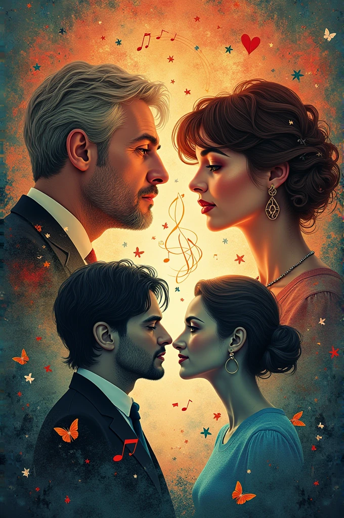 Give me a drawing for a cover of a book called "melodies of the heart" which will try to tell love stories of different musicians like: Paul McCartney, George Harrison, Gustavo Cerati, among others.