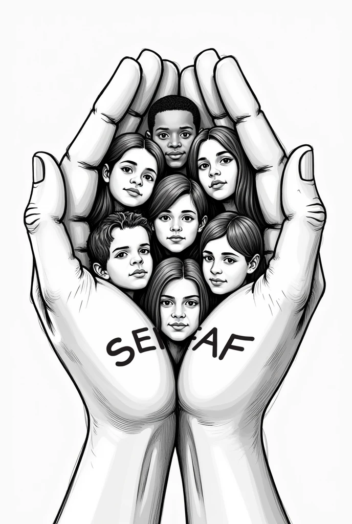 Black and white coloring drawings of boys and girls and teenagers held by a pair of hands that together form a roof on which SENAF is written on the hands
