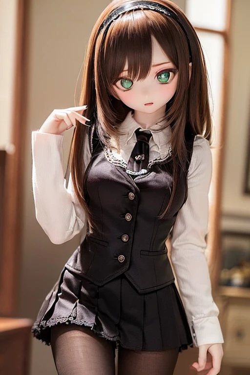 (SFW:2), photorealistic, realistic photo, 8k, ((highest quality)), ((masterpiece)), (extremely detailed), kukolnydom, doll, (mature woman, 21yo, 21 years old, solo:1.6), ((cowboy shot, contrapposto, slim, slender, skinny, medium breasts, hairband, ascot, vest, blouse, long puff sleeves, pleated skirt, black pantyhose)), (green eyes, brown hair, long hair, plastic skin, looking at another, glass eyes, gradient eyes, shining eyes, detailed eyes:1.3)