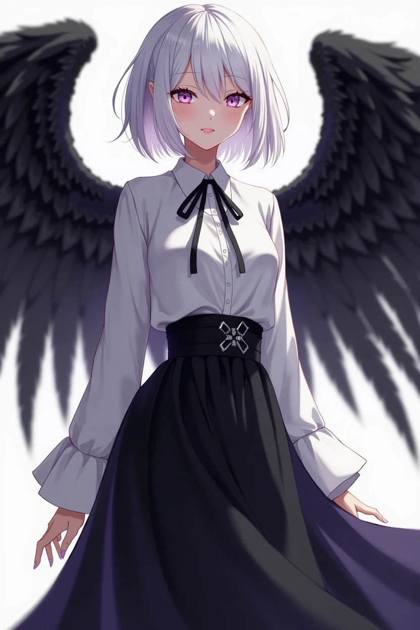 A 20-year-old girl with white hair and purple eyes and wearing a long black skirt with a white shirt with long purple Marga with black wings with a positive personality 
