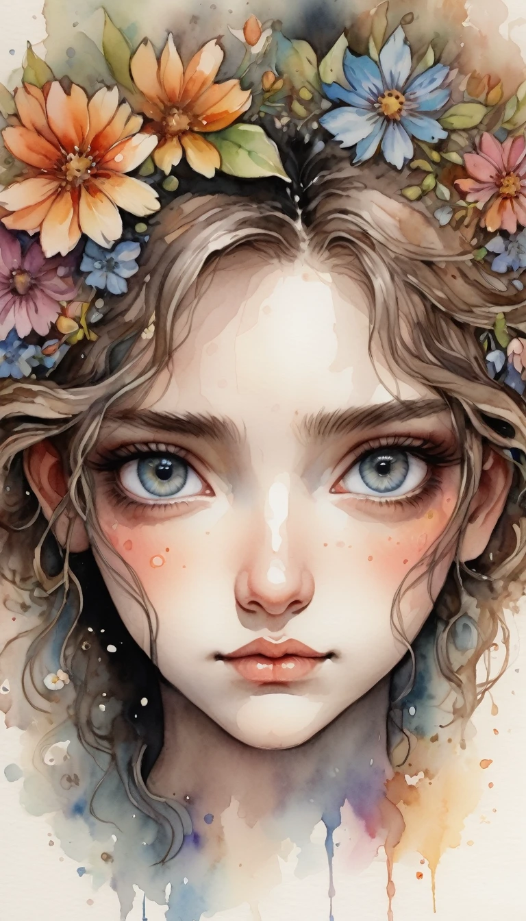 A rough sketch painted in watercolor shows a very detailed portrait of a full head with flowers in her hair.., very detailed eyes, beautiful eyes, Image completely centered, Margins around the picture, Focus on the face line, Falling watercolor, ink outline, A mix of Carne Griffith&#39;s art and Alphonse Mucha&#39;s, 32K resolution, Best possible quality, like a doll