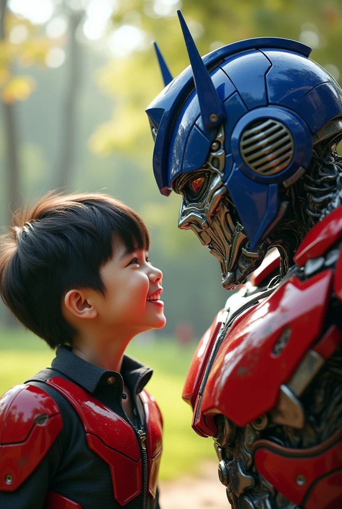 a boy with black hair and brown eyes, wearing a blue guyver armor, smiling and laughing in a park, posing with Optimus Prime, highly detailed, 4k, photorealistic, masterpiece, ultra-detailed, hyperrealistic, cinematic lighting, dramatic pose, dynamic composition, vivid colors