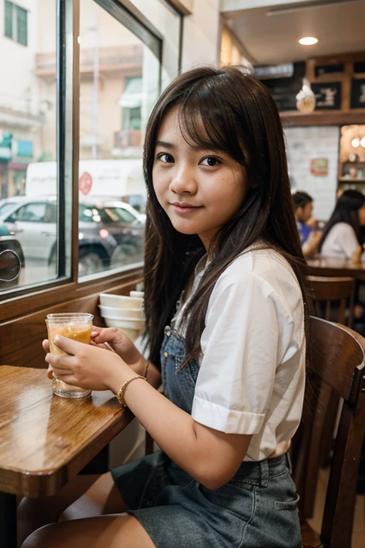 Thai teenage girl takes cute photos at a cafe