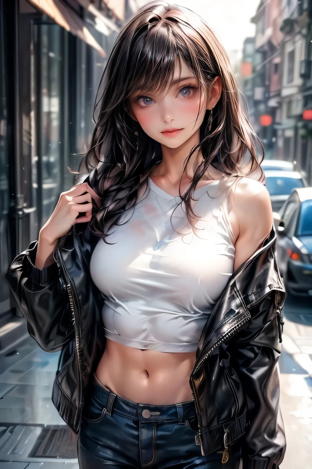 a cute girl, beautiful detailed eyes, beautiful detailed lips, extremely detailed eyes and face, long eyelashes, short black leather jacket, white knit tank top, belly button exposed, walking around town, (best quality,4k,8k,highres,masterpiece:1.2),ultra-detailed,(realistic,photorealistic,photo-realistic:1.37),HDR,UHD,studio lighting,ultra-fine painting,sharp focus,physically-based rendering,extreme detail description,professional,vivid colors,bokeh,photography