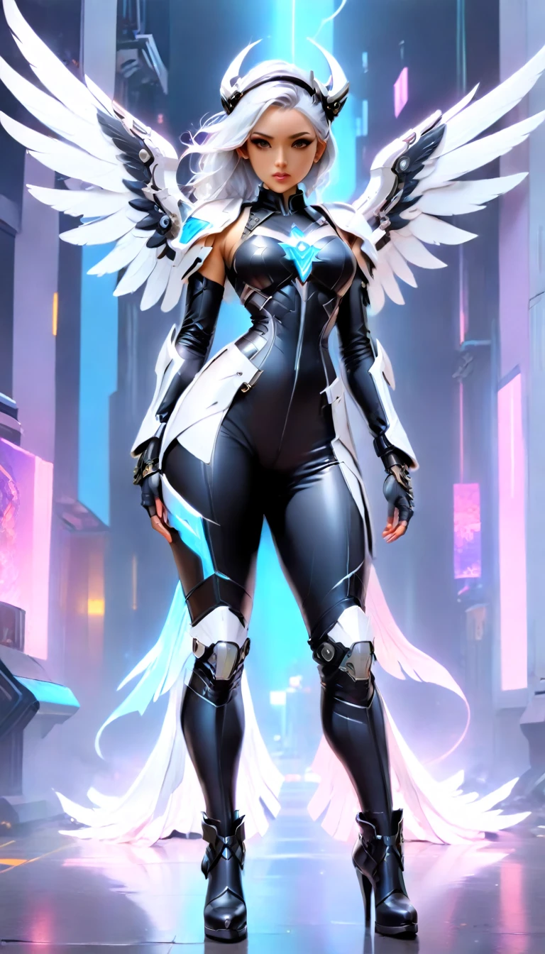 a picture of an mecha angel wearing black leather jacket, ((full body: 1.5)), exotic beautiful angel ((anatomically correct: 1.5), (ultra detailed face: 1.2), best detailed face, busty, folded wings, white angel wings, (white mecha armor: 1.3), she is wearing ((black leather jacket: 1.5)), intricate leather jacket, loose leather jacket, glam leather jacket, jacket has metallic studs, wearing silk dress, (dynamic color dress)), wearing high heeled boots, cyberpunk church background, , vibrant, Hyperrealism style, vibrant, Ultra-high resolution, High Contrast, (masterpiece:1.5), highest quality, Best aesthetics), best details, best quality, highres, ultra wide angle, 16k, [ultra detailed], masterpiece, best quality, (extremely detailed) RAW, feathered wings,