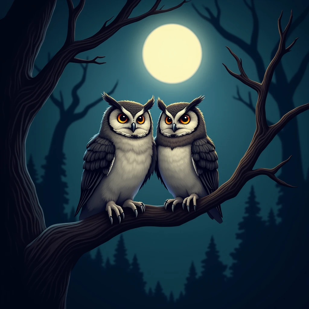 Create a vector image of two owls perched on a tree branch under a moonlit sky, with detailed eyes and feathers to capture their nocturnal charm.