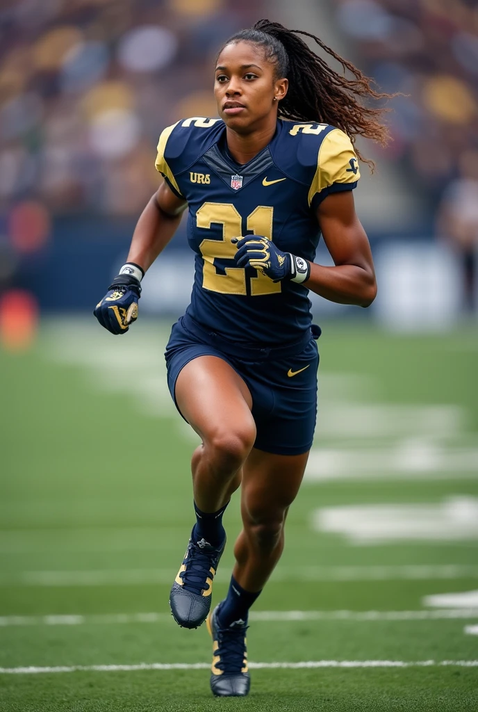 A photo of Kasey Barrett, a running back for the female Notre Dame Fighting Irish football team. Number 72. Brunette pixie cut