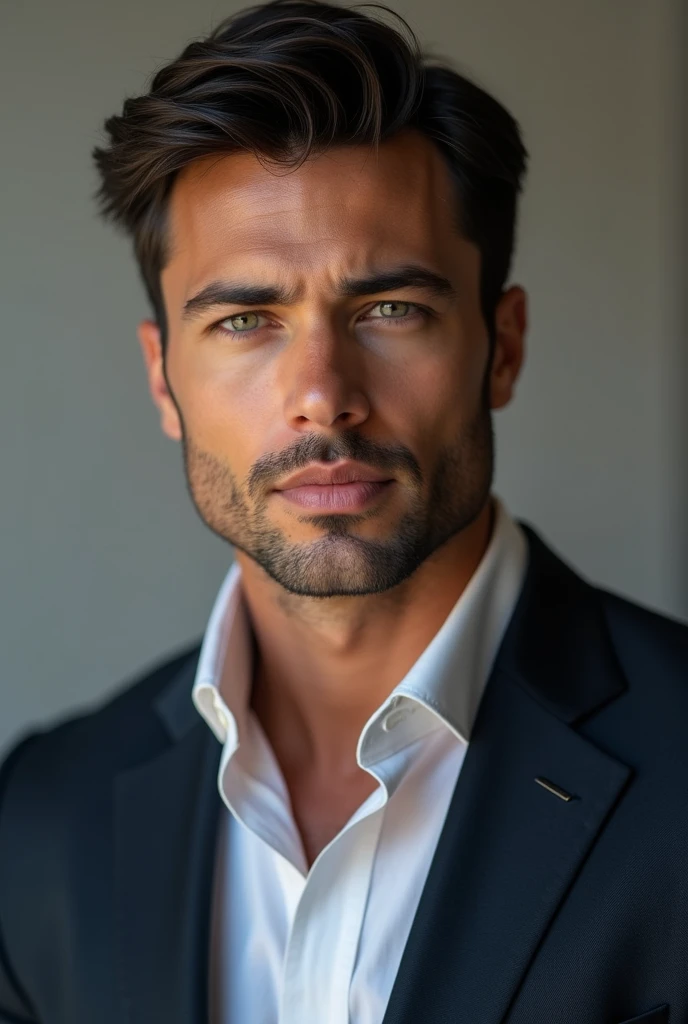 (photorealism:1.2), Boy 33 years old (- **face**: Attractive with defined features and a marked facial structure, typical of a man of European descent.
- **eyes**: light-colored, like blue or green, with an intense and confident look.
- **hair**: short and dark, well-groomed appearance.
- **Complexion**: Muscular and well toned, with an athletic physique that denotes strength and presence.
- **style**: He usually dresses with elegance and sophistication, often wearing well-tailored suits and clothing that highlights their status and confidence.)