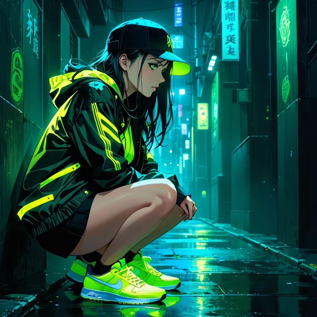 An anime-style illustration of a woman crouching in the dark, looking straight ahead with her face hidden by a cap. She is wearing a street-style jacket and sneakers, both with fluorescent green accents that stand out in the dark environment.

High resolution, masterpiece, accurate, 最high quality, High detail, high quality, Very detailed, dark,longhair