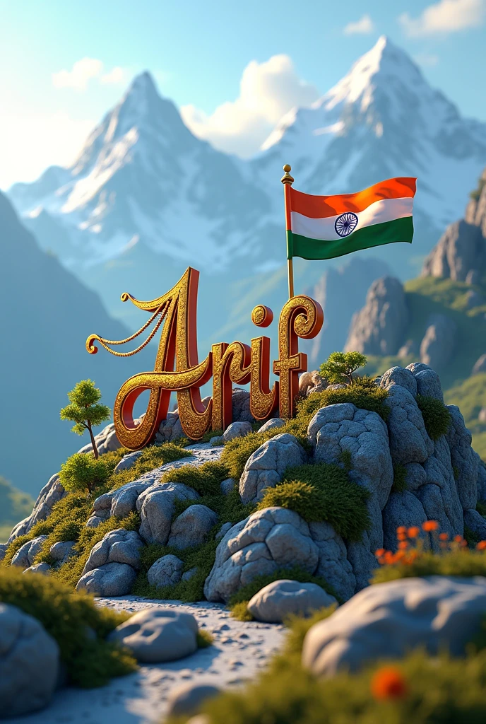 3d Arif calligraphy in the mountains with Indian flag