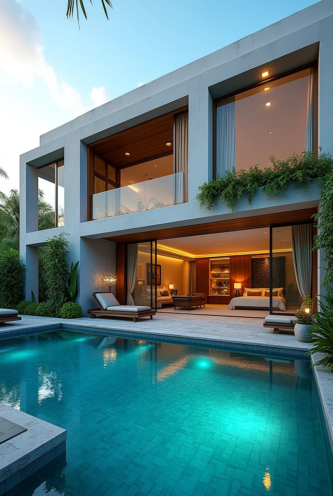 6 * 9 m large Villa property in Thailand with blue dark blue pool a bedroom and the kitchen high ceiling