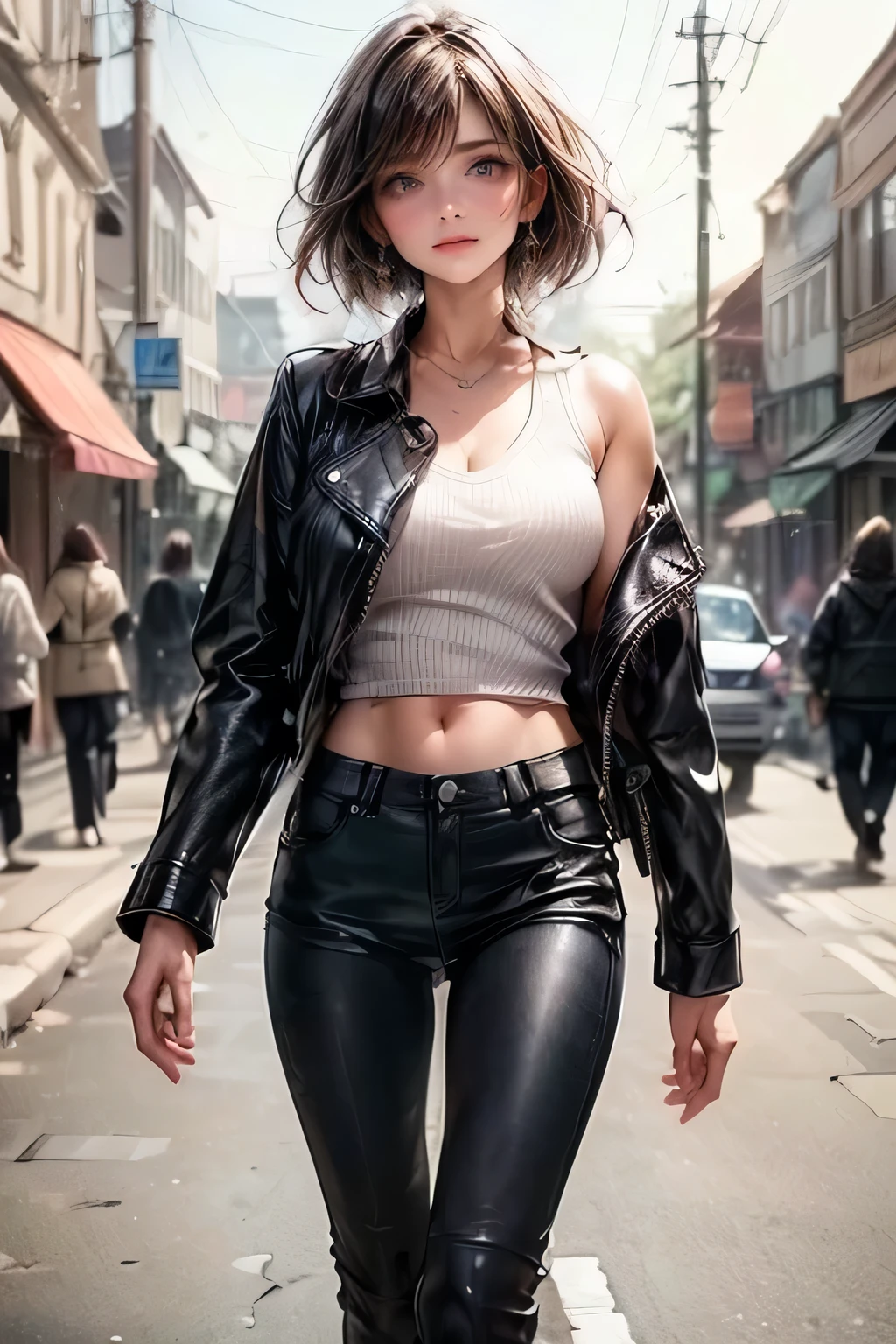 (cowboy shot),(Perfect Anatomy,top-quality、The ultra -The high-definition、hight resolution、extremely details CG、8K Unit Wallpapers),20-year-old、solo,Beautiful detailed eyes,black hair,shor bob hair,blunt bang,(small breasts,slender body,skinny),gleaming skin,oily skin,(punk fashion、leather jacket、Tank top、military pants、combat boots),(drive a motorcycle,Harley-Davidson,),on road,Tokyo,at night、(topless:1.4)