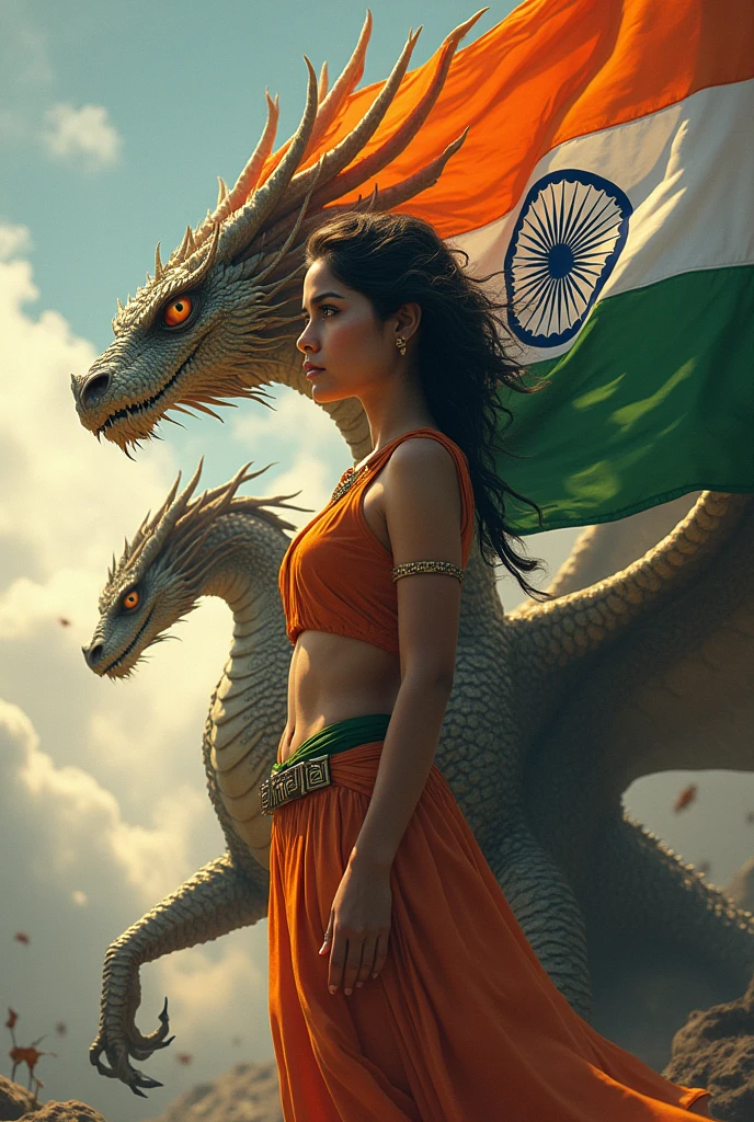 Prompt “Illustration with an Indian flag in hand of beautiful girl. A ferocious dragon caring the text "Shailja" and he has Indian tricolor wings. ‘Create a 3D illusion profile picture in 4K.”