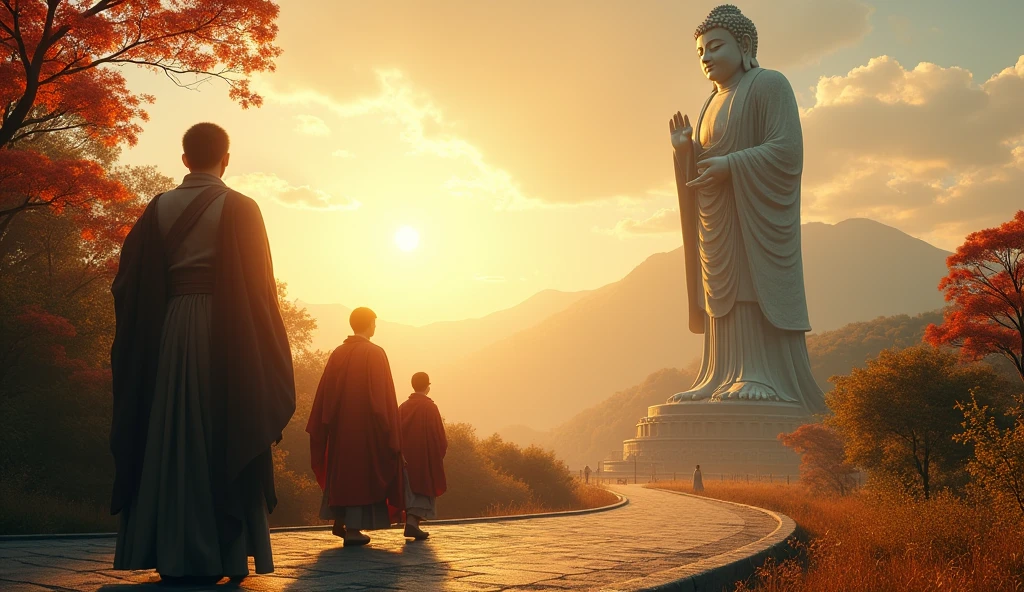 A huge Buddha statue seen in the distance, Japanese pilgrims looking at a Buddha statue,stone, texture, expensive, Majestic, The background is illuminated by sunlight.,Inverted Image,side,Pilgrims' Path