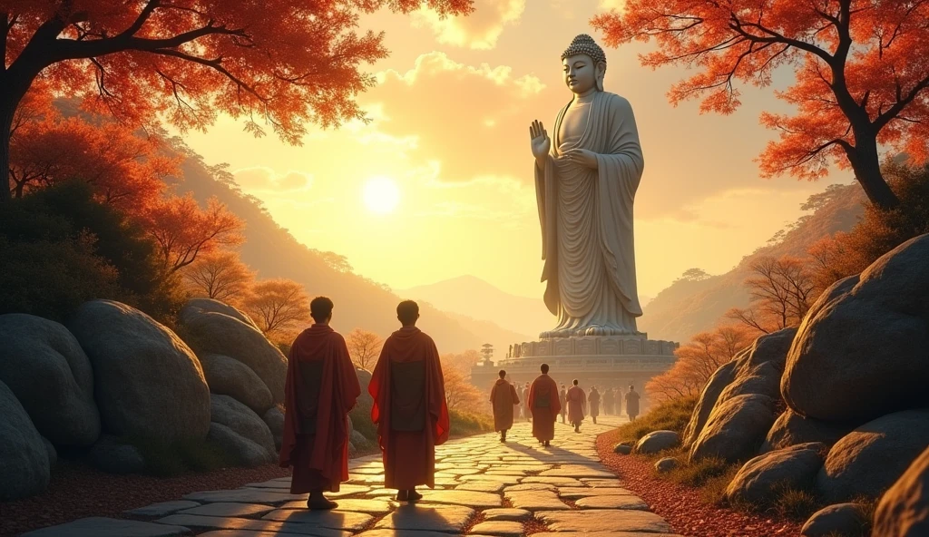 A huge Buddha statue seen in the distance, Japanese pilgrims looking at a Buddha statue,stone, texture, expensive, Majestic, The background is illuminated by sunlight.，Inverted Image，side，Pilgrims&#39; Path