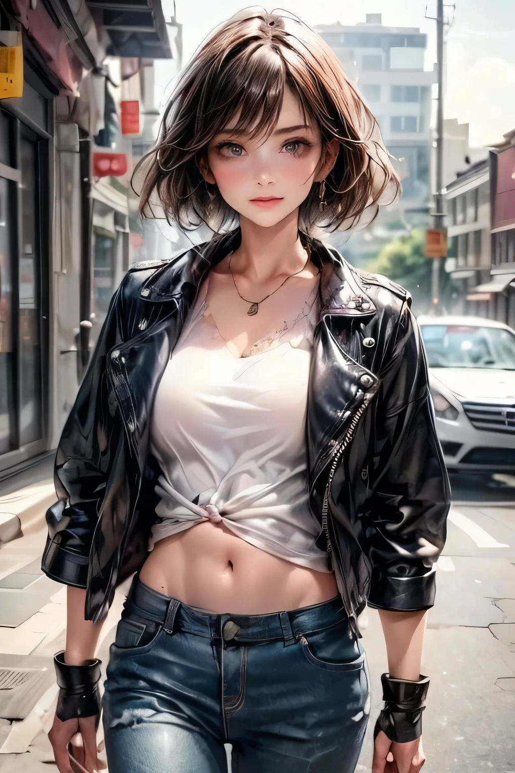 a cute girl, beautiful detailed eyes, beautiful detailed lips, extremely detailed eyes and face, long eyelashes, short black leather jacket, white knit tank top, belly button exposed, walking around town, (best quality,4k,8k,highres,masterpiece:1.2),ultra-detailed,(realistic,photorealistic,photo-realistic:1.37),HDR,UHD,studio lighting,ultra-fine painting,sharp focus,physically-based rendering,extreme detail description,professional,vivid colors,bokeh,photography