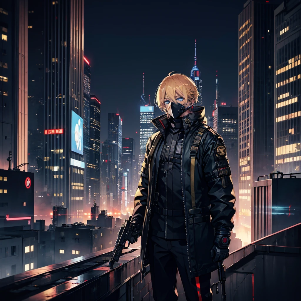1 male,Adult,Blue eyes,Golden hair color,gas mask,Cyberpunk clothing,Late Night,Future City,Standing with a gun on the rooftop looking at the night view,Calm expression,Muscular,tattoo