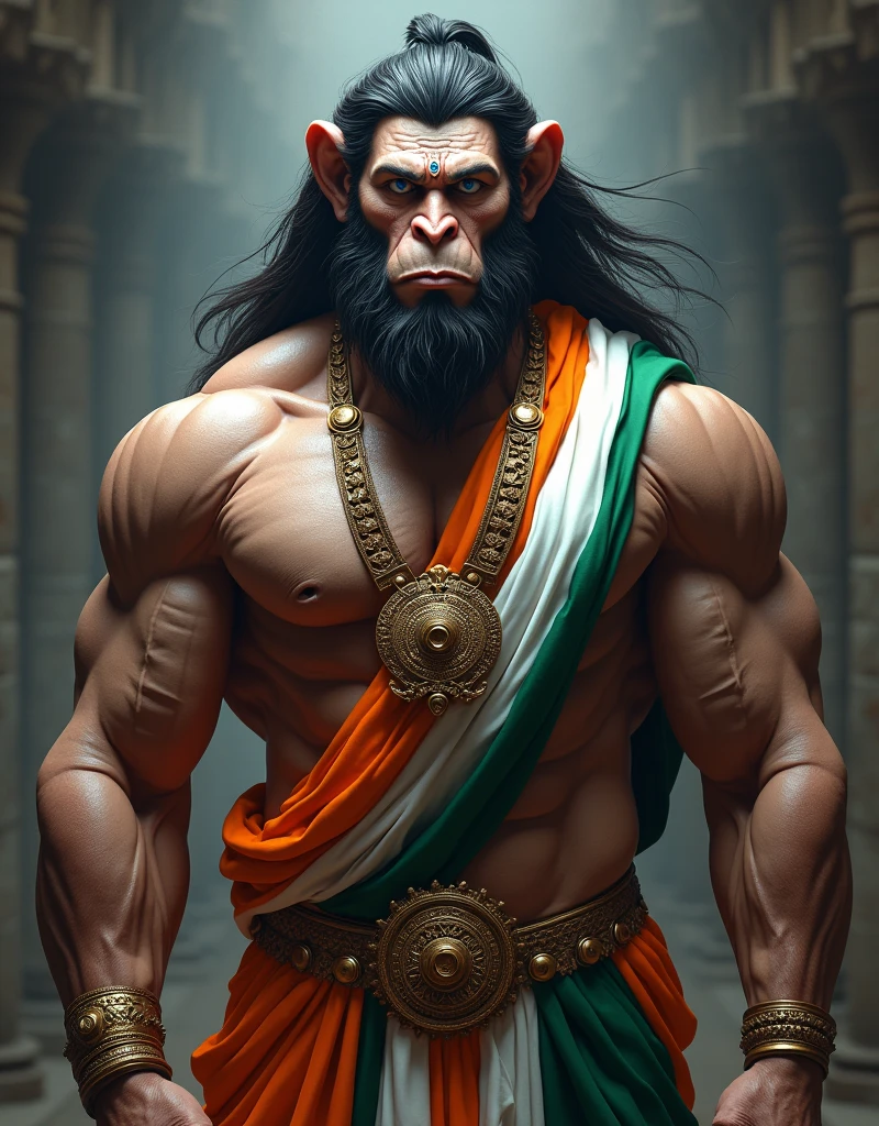 "Create an image of a powerful, muscular, and majestic humanoid figure with the head of a monkey, resembling full body Lord Hanuman. The figure should have long flowing hair, a fierce expression, and blue eyes. He is adorned with the Indian tricolor (saffron, white, and green) draped as a sash across his chest, symbolizing patriotism. A prominent pendant with the Ashoka Chakra hangs around his neck. The background should be minimalistic, focusing on the figure's intense and divine presence, with subtle lighting highlighting the muscular definition and details of the figure."